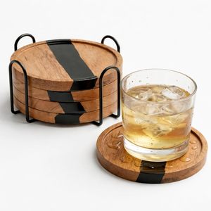 Juego de 4 Posavasos Redondos de Resina y Madera con Diseño Art Deco, con Soporte Metálico, Hechos a Mano, Decoración para Mesa - Product Image 1