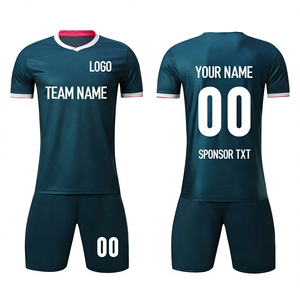 Ensemble de maillot de football bleu foncé personnalisé avec short, impression sublimée, polyester respirant, col en V, manches courtes pour homme adulte - Product Image 1