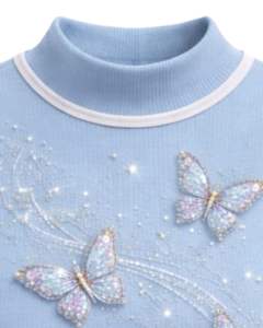 Débardeur côtelé bleu ciel personnalisé pour femme avec col montant et motif papillon en strass, sans manches, été, fabrication sur mesure - Product Image 3