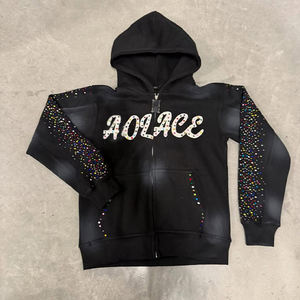 Ensembles de sweat à capuche deux pièces en coton éponge française épais hommes Vintage lavé surdimensionné soleil délavé multi couleur strass survêtements - Product Image 2