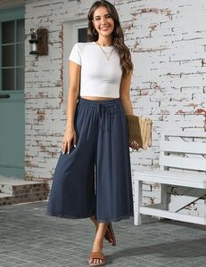 Women's <b>Linen</b> Capri Pants Wide Leg Flowy <b>Culottes</b> Summer Casual Lightweight Elastic Waist Drawstring with Pockets - Product Image 3