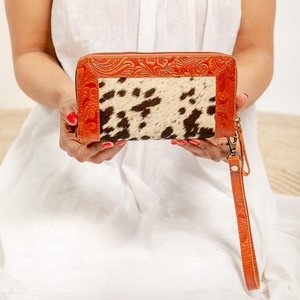 New Western Style Hair On Hide Colourful <b>Tooled</b> Fur Leather Clutch Women Designed Purse Hot Selling <b>Tooled</b> Leather Unique Wallet - Product Image 1