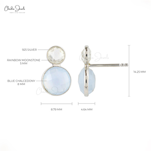 Natural Blue Chalcedony & Rainbow Moonstone Round Gemstone <b>Studs</b> in 925 Sterling <b>Silver</b> Push Back Earrings at Factory Cost - Product Image 3