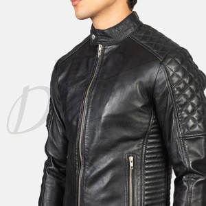 Veste en cuir véritable noire pour homme de qualité supérieure, veste de motard cintrée avec épaulettes matelassées, col montant élégant, manteau d'hiver décontracté - Product Image 6