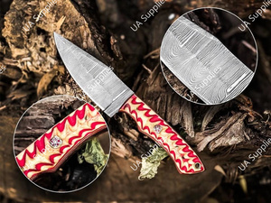 มีดเดินป่าล่าสัตว์แบบเต็มด้ามเหล็กดามัสกัส UA Supplies พร้อมด้ามไม้ปักก้า DIY ปลายมีดแบบ Bevel Drop Point - Product Image 5
