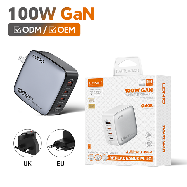 LDNIO Q408 100W GaN Quick Charge 3.0 Type-c Port Travel USB Wall Mobile Phone Fast Charger