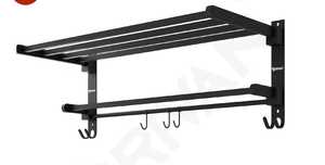 Black Metal Wall <b>Shelf</b> Towel Rack Hook Storage <b>Shelf</b> Bathroom <b>Organizer</b> Modern Wall Mounted - Product Image 2
