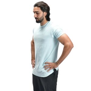 Camiseta de Manga Corta para Hombre, Color Azul Cielo Claro, Cuello Redondo, Estilo Casual, Color Sólido, Corte Ajustado, Ligera, para Uso Diario, Verano, Básica - Product Image 5