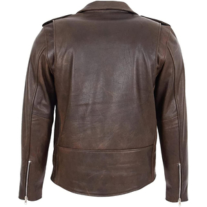 Blouson en cuir véritable pour homme, style moto, coupe ajustée, col montant, fermeture éclair oblique, logo frontal, style décontracté, en vente - Product Image 2
