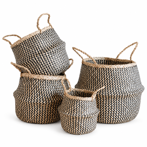 Cesta de almacenamiento de algas marinas tejida a mano más vendida con zigzag negro, diseño de vientre plegable - Product Image 1