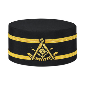 Gorra de Regalia con Banda Dorada y Símbolo del Sol Bordado (Cuadrado y Compás), Gorra de Corona de Maestro de Logia Azul con Ribete Negro y Dorado Bordado - Product Image 1