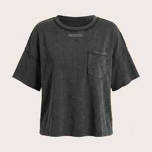 Camiseta Negra de Mujer, Cuello Redondo, Manga Corta, con Bolsillo, Corte Holgado, Tejido de Punto, 100% Algodón, Transpirable, para Todas las Temporadas - Product Image 1