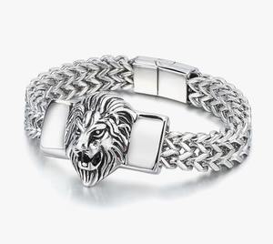 Men's Rhodium Plated 925 Silver Lion <b>Head</b> Chain Bracelet Hiphop <b>Style</b> Everyday Wear - Product Image 2