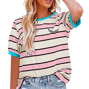 T-shirt sportif à manches courtes en fil teint avec logo aile, coupe ample, décontracté, pour homme, en tissu Oxford, coton tricoté écologique, col rond - Product Image 2