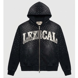 Sweat à capuche streetwear pour homme, coupe ample, zippé, délavé à l'acide, en molleton 100% coton épais et respirant, avec graphique à strass cloutés - Product Image 6