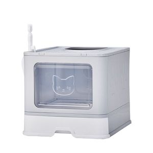 Grande lettiera grigia per gatti coperchio staccabile facile da pulire ingresso anteriore superiore uscita paletta vassoio scorrevole chiuso accessorio per toilette per gatti - Product Image 3