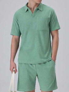 Ensemble polo décontracté d'été pour homme, respirant, 2 pièces, 100% coton tricoté, coupe ajustée, couleur assortie, t-shirt polo et short - Product Image 6