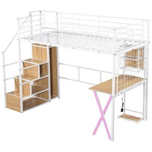 Twin Size Metal Loft Bed with LED White <b>Work</b> <b>Station</b> Built-In Wardrobe and Storage Staircase - Product Image 5