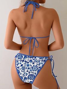 Women's Blue Floral Print <b>Bikini</b> Set Halter Tie Side Two Piece Swimwear - Product Image 6