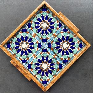 Wholesale Handmade Mango Wood Serving Tray <b>Set</b> 3 Decorative Enamel Printed Nesting Trays for Home Decor <b>Square</b> Wooden Platters - Product Image 5