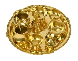 Top Quality Pooja thali Round Shape Gold Handicrafts Hand Work Worship Use Pooja Thali & Plate Giftware item