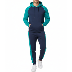 Survêtement pour homme de qualité supérieure bleu marine et vert sarcelle |   Sweat à capuche bicolore avec pantalon à rayures latérales contrastées bleu sarcelle - Product Image 1