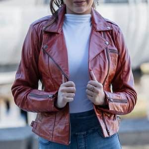 Chaquetas rojas personalizadas al por mayor RTS con logotipo para mujer, chaqueta vintage para invierno, abrigos clásicos de cuero, chaquetas bomber auténticas, estilo urbano. - Product Image 4