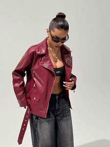 Chaqueta de Moto Vintage de Lana/Viscosa para Mujer, Tejida, Manga Larga, Cierre de Cremallera, Cuello Alto, Color Sólido, Largo Regular, Estilo Invernal - Product Image 3