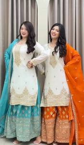 Nouvel ensemble Salwar Kameez Plazzo Dupatta réversible coupe ajustée hiver/été à séchage rapide en pure soie Chinon - Product Image 3