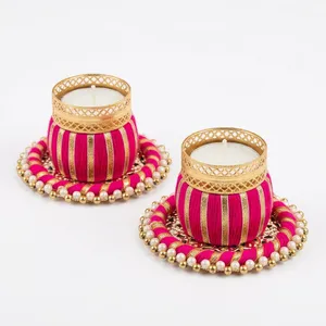 Porte-bougie rond fait main avec fil doré rose et garniture de perles pour la décoration de Noël, de Pâques et de la maison, porte-bougie de luxe - Product Image 6