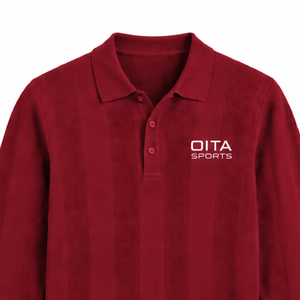 Pull polo pour homme rouge rubis à manches longues, design en tricot texturé à rayures verticales, poignets côtelés, pull décontracté de qualité supérieure - Product Image 3