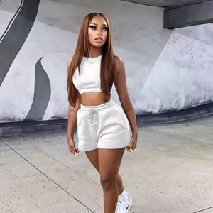 Women Winter Workout 2pcs Solid Embroidered <b>Crop</b> Tank <b>Top</b> Shorts Set Custom Logo Printed Fitness Activewear Gym Short Set - Product Image 2