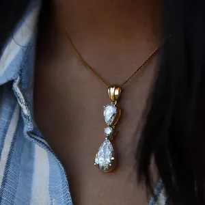 Pear Shape Diamond Drop <b>Pendant</b> Necklace in <b>Solid</b> Yellow <b>Gold</b> with Round Accent Stone Elegant Luxury Bridal Jewelry Gift for Her - Product Image 1