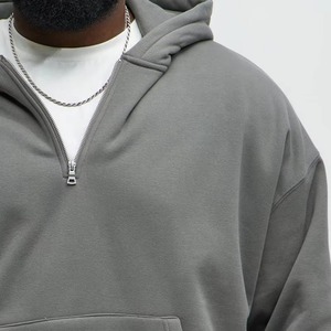 420 Grams Men's Grey Half-<b>Zip</b> <b>Hooded</b> Sweatshirt with Front Pocket Loose Fit Casual Pullover Ribbed Cuffs and Hem - Product Image 5