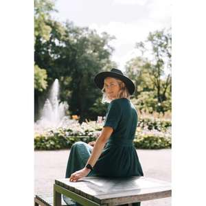 เดรสยาวทรงวีคอ แขนพอง ผ้าฝ้ายรักษ์โลก ทรงหลวมสบาย พร้อมเข็มขัด สำหรับผู้หญิง - Product Image 4