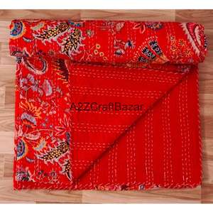 Indian Handmade Organic Cotton Multicolor Floral Kantha Vintage Style Reversible Eco-Friendly <b>Quilt</b> <b>Throw</b> for Home Hotel Use - Product Image 3