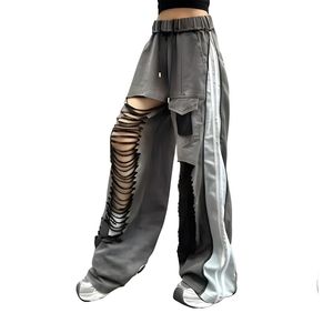 High Waist Ripped Wide Leg Denim Jeans <b>Women</b> Cargo Side Stripe Distressed Streetwear Hip Hop Baggy <b>Trousers</b> - Product Image 2