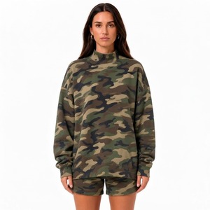 Factory Price <b>Women</b> Pink Camouflage Print 2-Piece Set <b>Long</b> Sleeve Mock Neck Sweatshirt <b>Shorts</b> Loose Fit Casual - Product Image 3