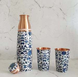 Blue Porcelain Print Copper Water Bottle Gift Set <b>Bamboo</b> Lid Tumbler Reusable Drinkware <b>Travel</b> Office Kitchen Set - Product Image 6