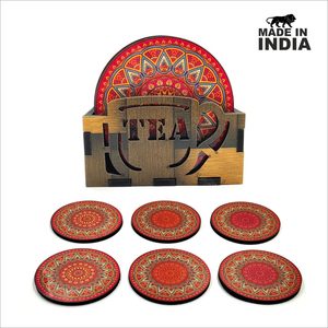 Juego de 6 Posavasos de Goma con Diseño Mandala Bohemio, Redondos, Antideslizantes, con Base de Madera, 300 mm de Diámetro - Product Image 4