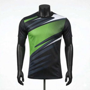 Camiseta de Manga Corta para Hombre, Cuello Redondo, Diseño Geométrico Verde y Negro, Secado Rápido, Tejido de Punto, Corte Ajustado, Estilo Deportivo, Largo Regular - Product Image 1