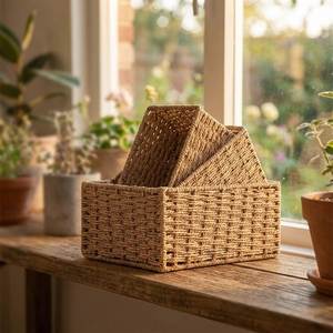 Natural Rattan Eco-Friendly Storage <b>Baskets</b> <b>Square</b> Handles Flexible Design Rustic Multi-Purpose Neatening Decorative Home - Product Image 3