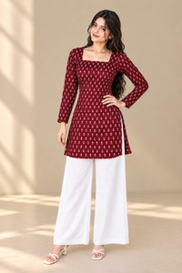 Block Print Handmade Kurti | Square Neck | Full Sleeve | Brown type | Stylish Ethnic <b>Top</b> | Short Kurti for Women - Product Image 4