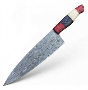 Couteau de chef artisanal OEM en acier Damas Raindrop avec pointe en goutte de pluie, 30,5 cm, manche en bois de Pakka rouge et os blanc - Product Image 1