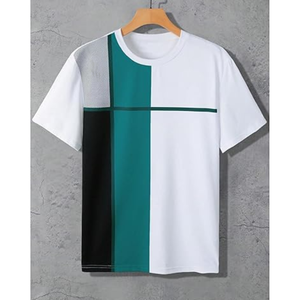 เสื้อยืดคอกลมแขนสั้นผู้ชายปี 2026 ทรงปกติ ผ้าถัก ลายเรขาคณิตสีสันตัดกัน สวมใส่สบาย สีขาว เขียว ดำ - Product Image 1