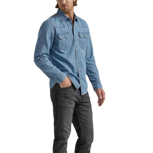 Camisa de Mezclilla para Hombre, Manga Larga, Color Sólido, Cierre de Botones, Cuello Clásico, Corte Regular, Estilo Casual, Tela de Algodón Lavado - Product Image 3