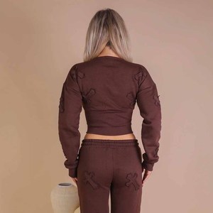 Conjunto de Sudadera Corta y Pantalones de Chándal para Mujer, Casual, Holgado, Liso, de 2 Piezas, Anti-Pilling, Personalizable, Venta al por Mayor, Colección Otoño-Invierno - Product Image 4