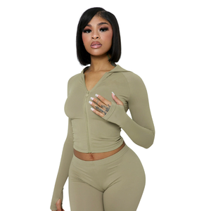 Ensemble crop top zippé à capuche vert olive pour femme, taille haute, manches longues, couleur unie, gaine amincissante ventre plat, tenue de yoga et de sport - Product Image 2