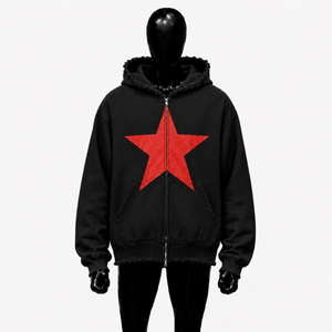 Sudadera con capucha negra oversize con cremallera completa, estampado de estrella roja y borde desgastado, estilo streetwear unisex de corte holgado, en oferta. - Product Image 1