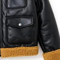 Veste de moto en cuir véritable noir pour homme, doublée en sherpa, fermeture éclair, vêtement d'hiver